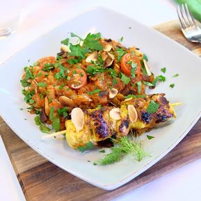 Chicken Kebabs With Almonds And Stewed Fennel